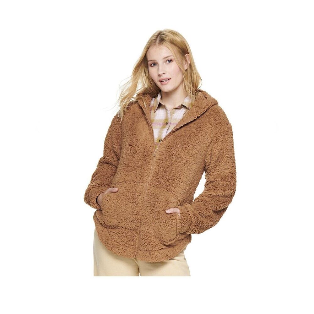 SO Brown Tan Full Zip Up Long Sleeve Sherpa Oversized Teddy Jacket Size S